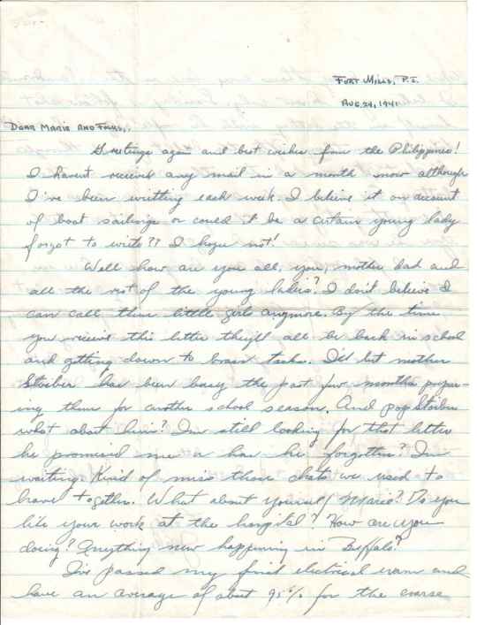 Fort Mills, Corregidor in the Philippines, August 24, 1941, Page one of two